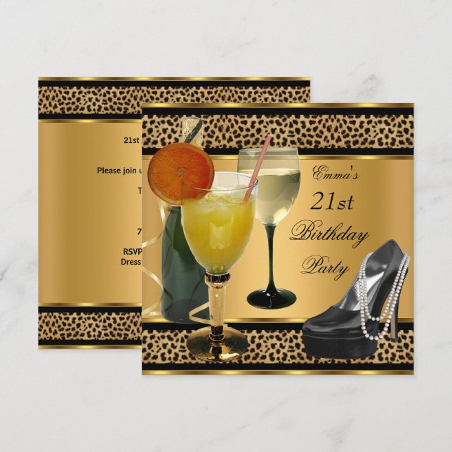 Convite Sapatênis de Bebidas com Leopardo para Festa de An (Frente/Verso)
