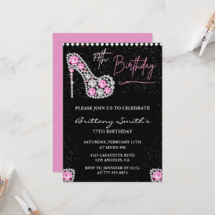 Convite Sapatilha Brilho Preto Rosa Diamante Glam 77º aniv