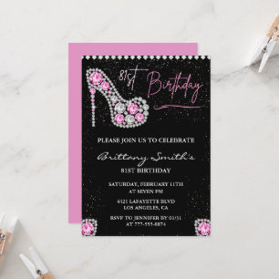 Convite Sapatilha Brilho Preto Rosa Diamond Glam 81º anive