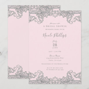 Convite Sapatilha Rosa com Renda Prata Elegante Chuveiro d
