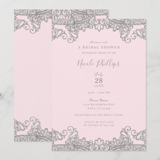 Convite Sapatilha Rosa com Renda Prateada Elegante Chá de  (Frente/Verso)