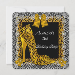 Convite Sapato de salto alto Leopardo Dourado de Aniversár
