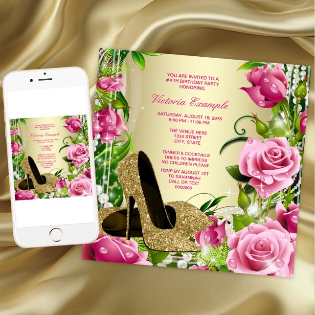 Convite Sapato de Salto Alto Pérola Rosa Dourado Festa de  (Womans gold high heel shoes birthday party invitation. Any number or event. Download and printed.)