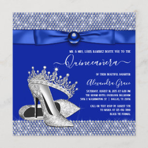 Convite Sapato de Tiaras de Diamante Azul Real Quinceanera