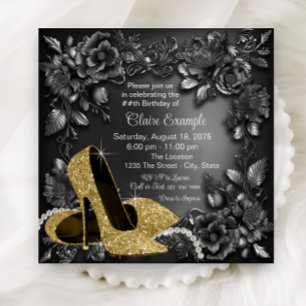 Convite Sapato Dourado Preto Feminino Floral Festa de Aniv