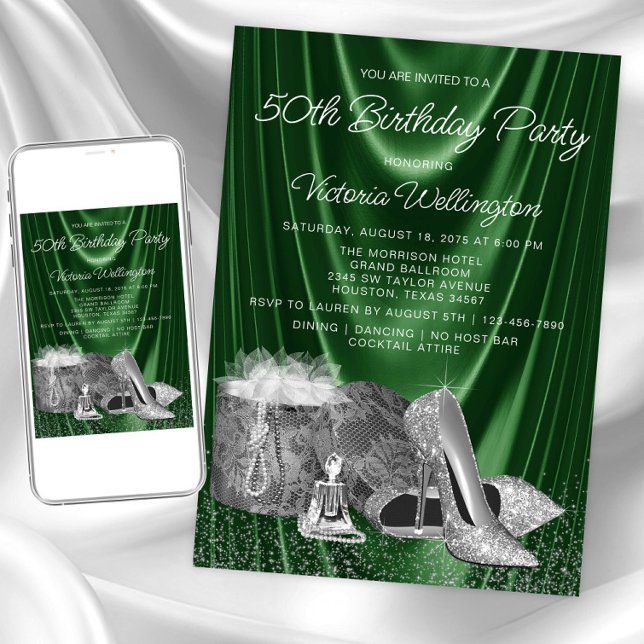 Convite Sapato Prateado Verde de Mulher para Qualquer Idad (Womans emerald green silver any event invitation. Instant download & printed invitations available.)