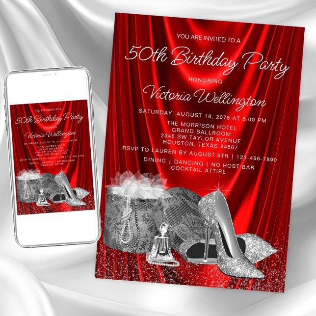 Convite Sapato Prateado Vermelho de Mulher em Qualquer Núm (Womans red silver any number birthday invitation. Instant download and printed invitations available)