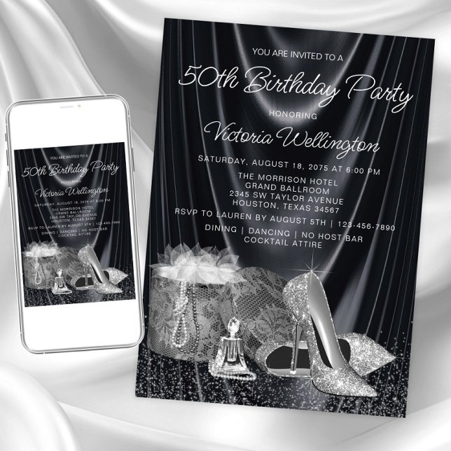 Convite Sapato Preto Prateado de Mulher em Qualquer Número (Womans black silver birthday invitation. Instant download and printed invitations available.)
