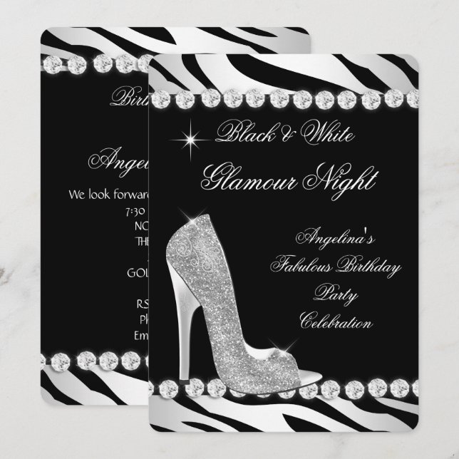 Convite Sapatos Brancos Pretos Glamour Noite Zebra Brilho (Frente/Verso)