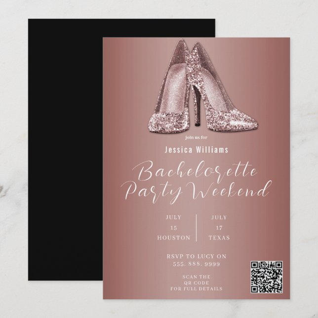 Convite Sapatos Brilho Dourado Rosa Código QR Despedida de (Frente/Verso)