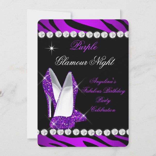 Convite Sapatos Brilho Zebra Noite Glamour Roxo (Frente)