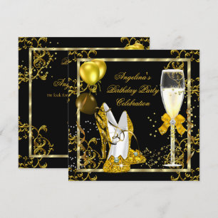 Convite Sapatos Champagne Dourado Preto Brilho Saltos Aniv