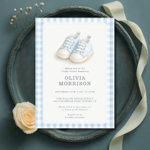 Convite Sapatos de Bebê Azul Menino Xadrez Baby Shower