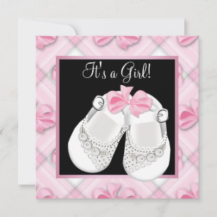 Convite Sapatos de Bebê Rosa Branco Chuveiro de Bebê Menin