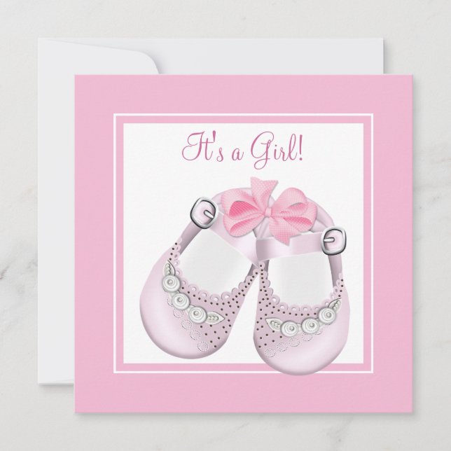 Convite Sapatos de Bebê Rosa Chuveiro de Bebê Menina Rosa (Frente)