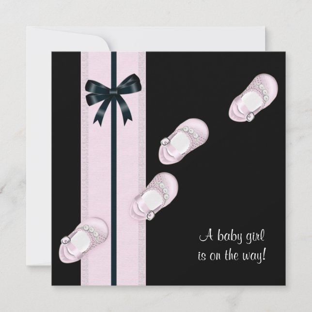 Convite Sapatos de Bebê Rosa e Preto Chá de Bebê Menina (Frente)