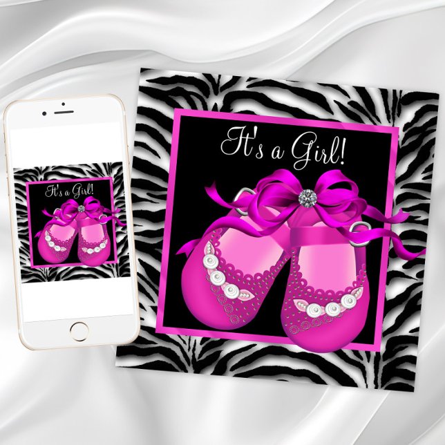 Convite Sapatos de Bebê Rosa Quente Zebra Chá de Bebê Meni (Hot pink baby shower invitation with cute baby shoes. Download and printed invitations available.)