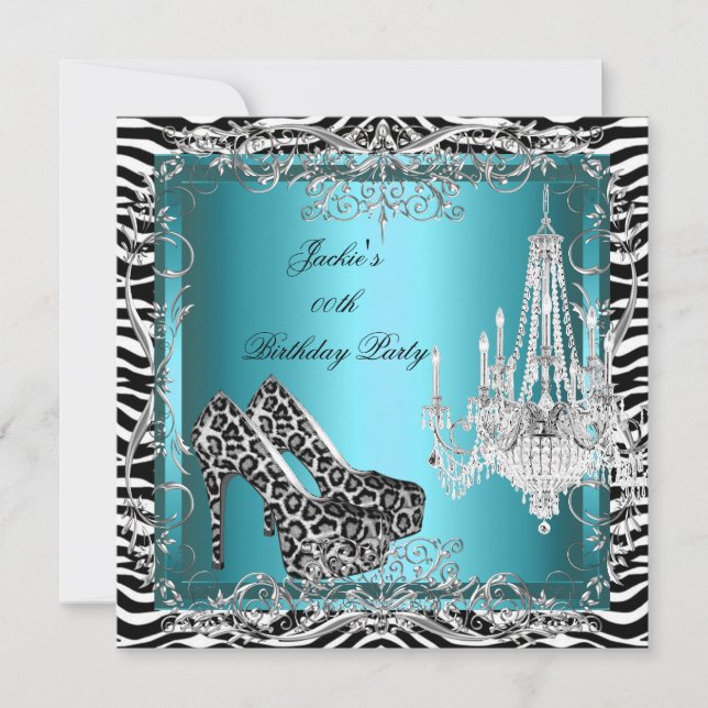 Convite Sapatos de festa com estampa de zebra leopardo azu (Frente)