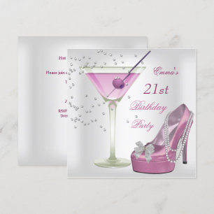 Convite Sapatos de Martini Brancos Rosa para Festa de 21 A