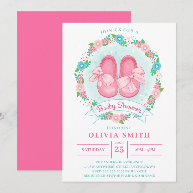 Convite Sapatos de Menina Chuvinha de Bebê Com Laço e Flor (Frente/Verso)