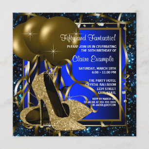 Convite Sapatos de salto alto azuis e dourados para festa 