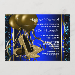 Convite Sapatos de Salto Alto Azul e Dourado para Festa de