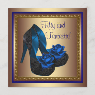 Convite Sapatos de Salto Alto Azul Royal Dourado Aniversár