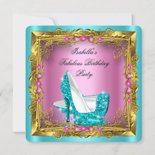 Convite Sapatos de salto alto brilhantes rosa choque e azu