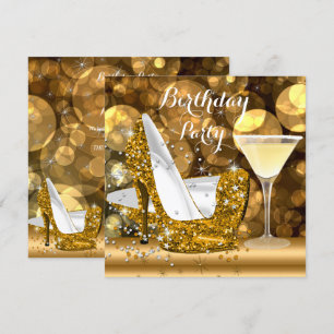 Convite Sapatos de Salto Alto Brilho Dourado Cocktail Fest