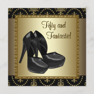 Convite Sapatos de Salto Alto Feminino Preto Dourado 50º A