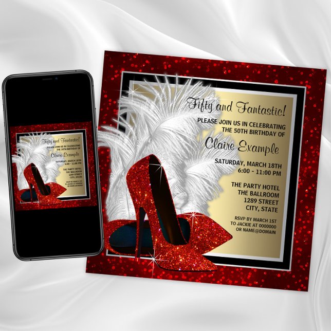 Convite Sapatos de salto alto preto, vermelho e dourado -  (Womans red high heel shoe birthday and any event invite. Download and printed invitations available.)