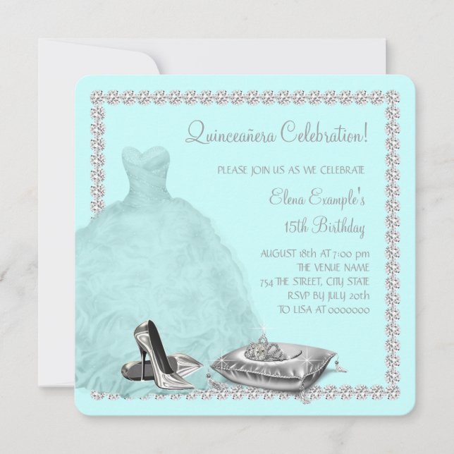 Convite Sapatos de salto alto Tiara azul-teal Quinceanera (Frente)