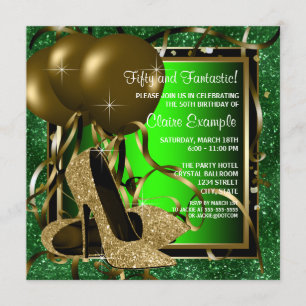 Convite Sapatos de Salto Alto Verde e Dourado para Festa d