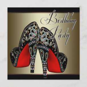 Convite Sapatos de Salto Alto Vermelho Preto e Dourado Ele