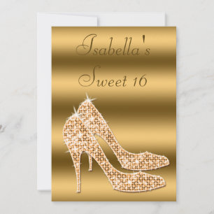 Convite Sapatos Glamourosos Sweet 16 Dourados de Salto Alt