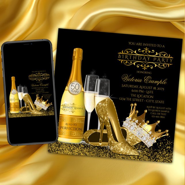 Convite Sapatos Pretos de Salto Alto Dourados de Mulher An (Woman black and gold birthday party invitation with gold high heel shoes, crown and champagne. Any #)