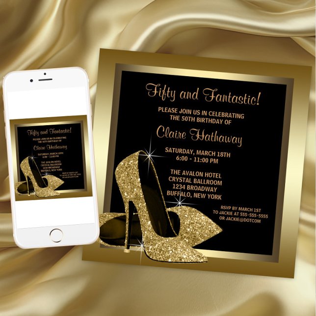Convite Sapatos Pretos e Dourados de Salto Alto para Anive (Black Gold High Heels Any Number Birthday Invitation. Download and printed invitations available.)