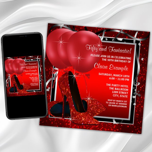 Convite Sapatos Pretos e Vermelhos de Salto Alto de Mulher (Womans red and silver birthday party invitation with red high heel shoes on a red and black back.)