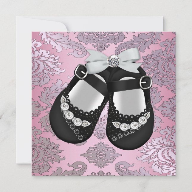 Convite Sapatos Pretos Rosa Bebê Menina Damask (Frente)