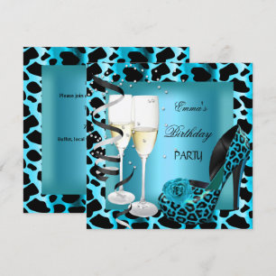 Convite Sapatos Pretos Teal Azul Leopardo para Festa de An