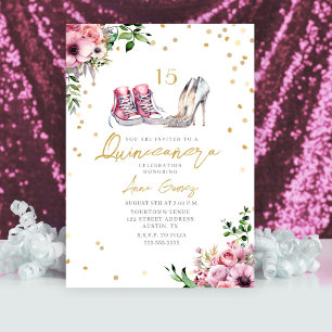 Convite Sapatos Quinceañera Tênis Rosa Saltos 15 Floral