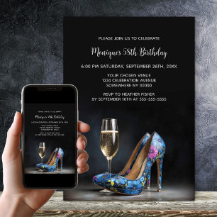 Convite Sapatos Stiletto Florais Azuis Aniversário