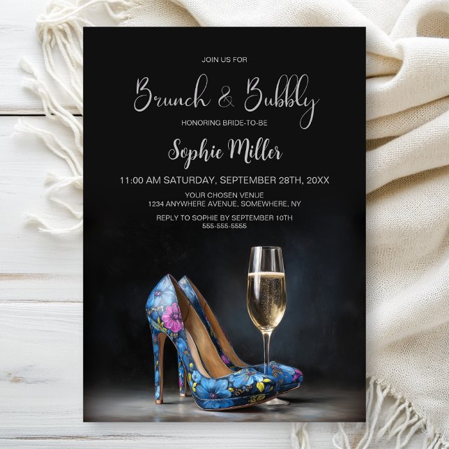 Convite Sapatos Stiletto Florais Azuis Brunch e Bubbly (Criador carregado)