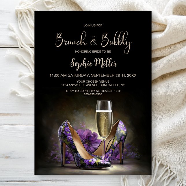 Convite Sapatos Stiletto Florais Roxos Brunch e Bubbly (Criador carregado)