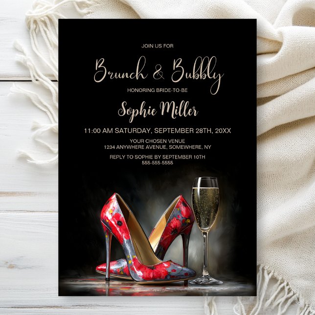 Convite Sapatos Stiletto Florais Vermelhos Brunch e Bubbly (Criador carregado)