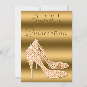 Convite Sapatos Stilettos Dourados Glamourosos Quinceañera