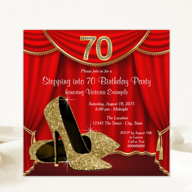 Convite Sapatos Vermelhos de Salto Alto Dourados Entrando  (Elegant red and gold shoes 70th birthday party invitation. Simply add your event details.)