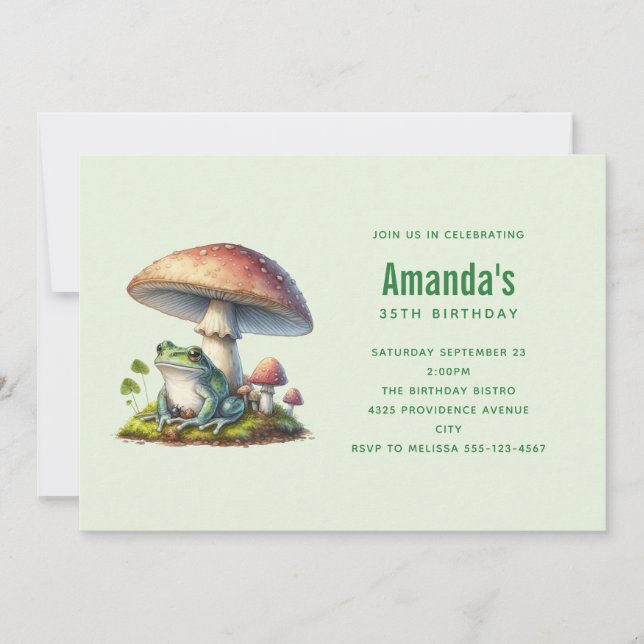 Convite Sapo Debaixo de um Cogumelo Tema de Natureza Fofa  (Frente)