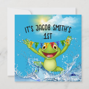Convite Sapo do primeiro aniversario pulando na água