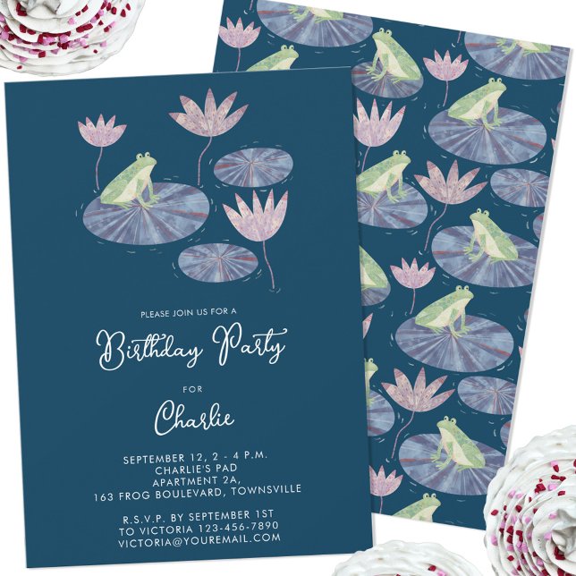 Convite Sapo em Festa de Aniversário de criança Lily Pond  (Cute frog themed personalized kids birthday party invitation)